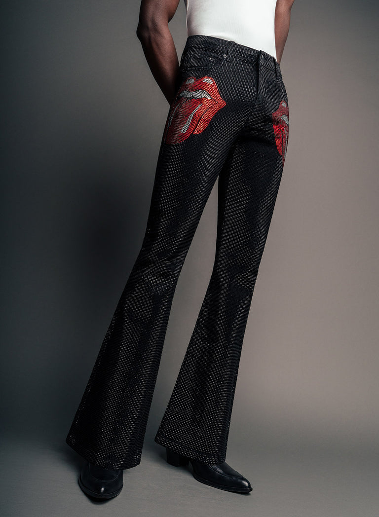 Phix X Rolling Stones Denim Rhinestone Red Tongue Denim Flares