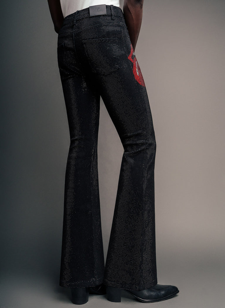 Phix X Rolling Stones Denim Rhinestone Red Tongue Denim Flares