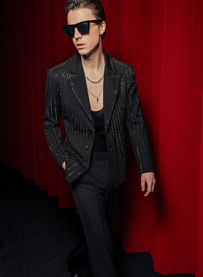 Black Embellished Rhinestone Sequin Blazer