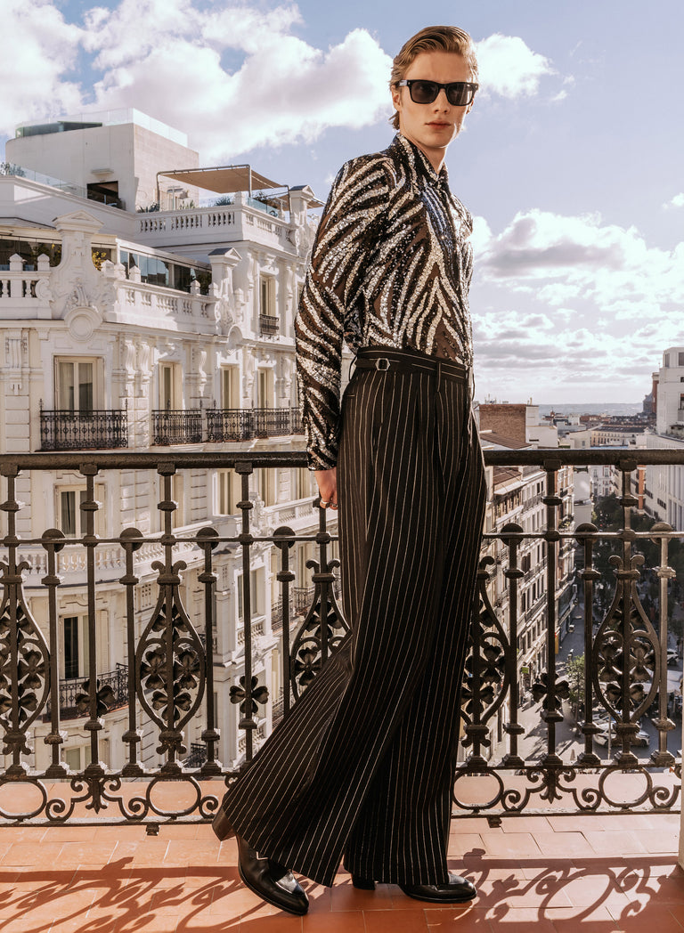 Black High Waisted Side Buckle Silver Pinstripe Flare Trousers