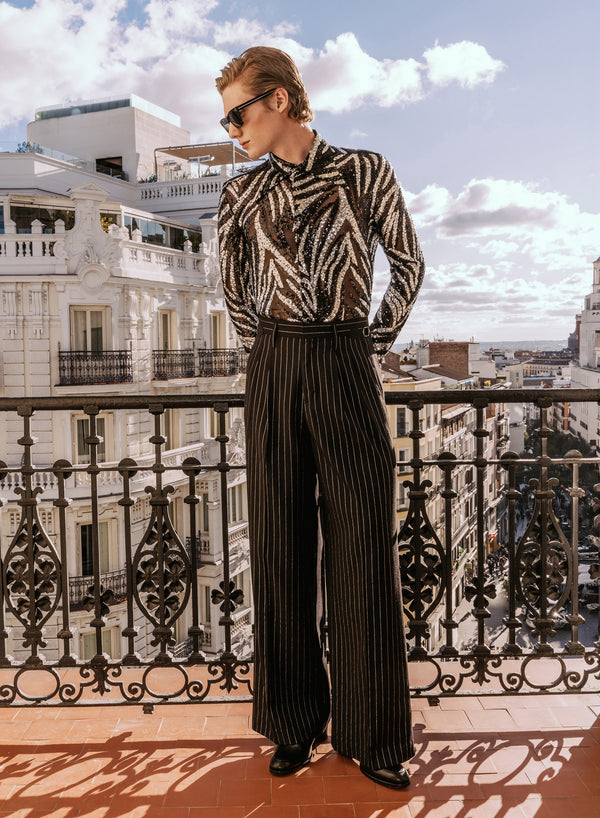 Black High Waisted Side Buckle Silver Pinstripe Flare Trousers