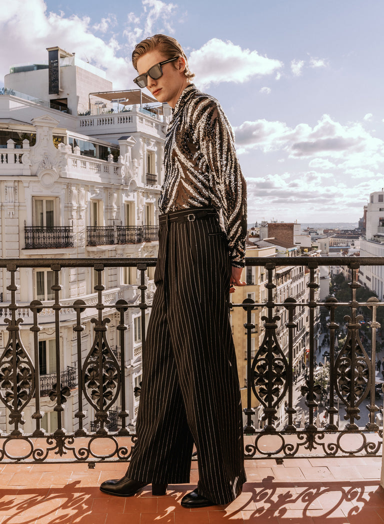 Black High Waisted Side Buckle Silver Pinstripe Flare Trousers