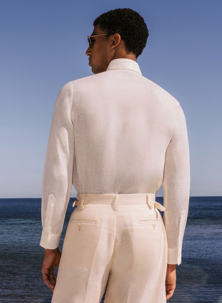 White Pure Linen Western Pocket Shirt