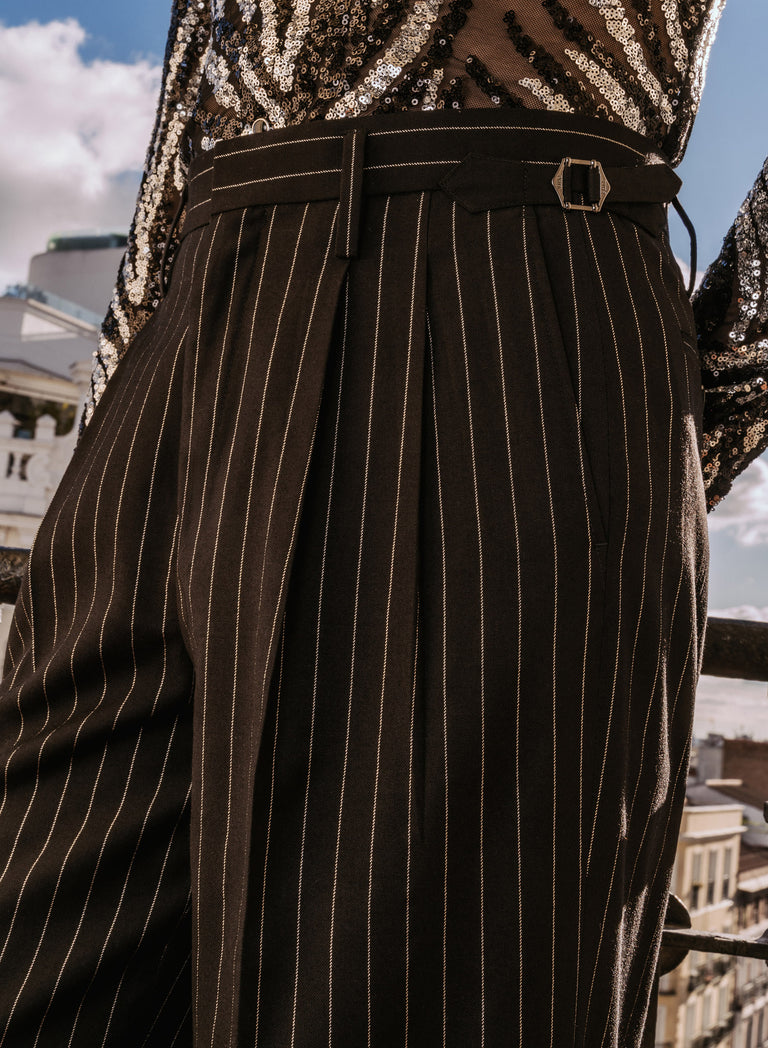 Black High Waisted Side Buckle Silver Pinstripe Flare Trousers