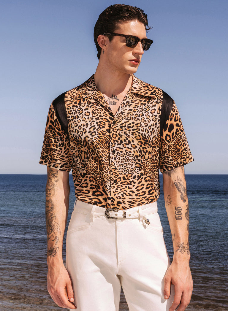 Leopard Print Black Panel Cuban Collar Viscose Shirt