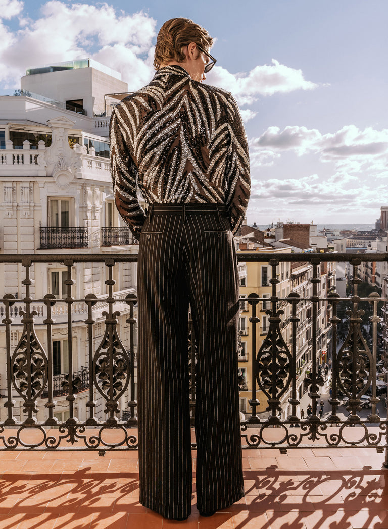 Black High Waisted Side Buckle Silver Pinstripe Flare Trousers