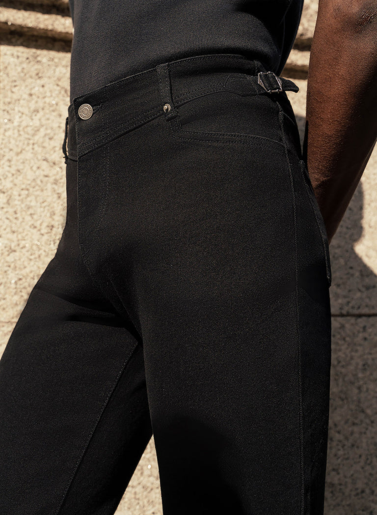 Black V-Panel Side Buckle Flare Denim Jeans