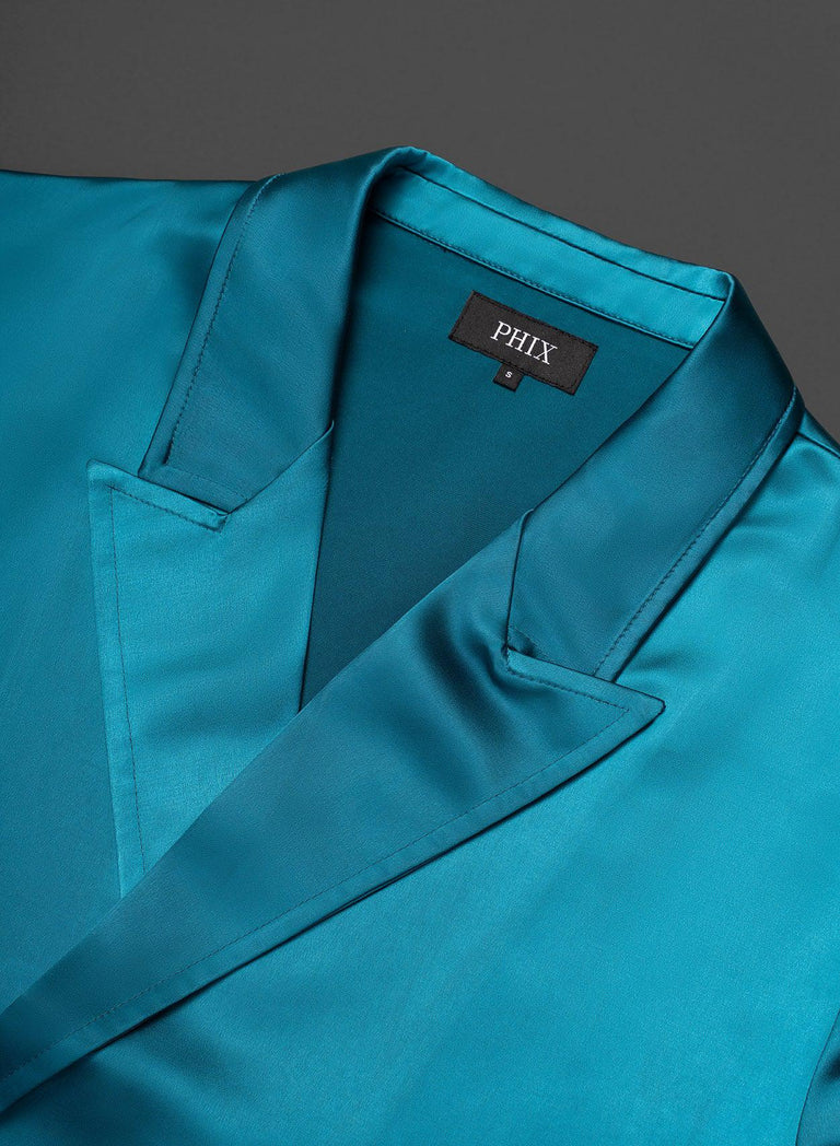 Teal Blue Double Breasted Brass Button Satin Shirt