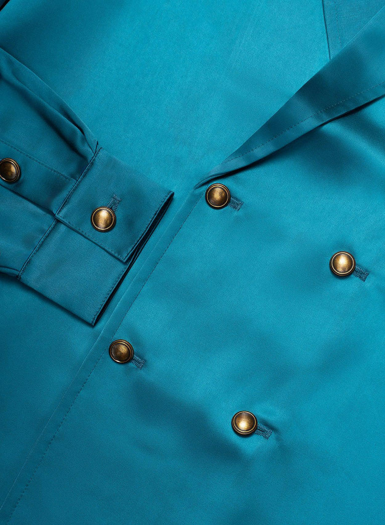 Teal Blue Double Breasted Brass Button Satin Shirt