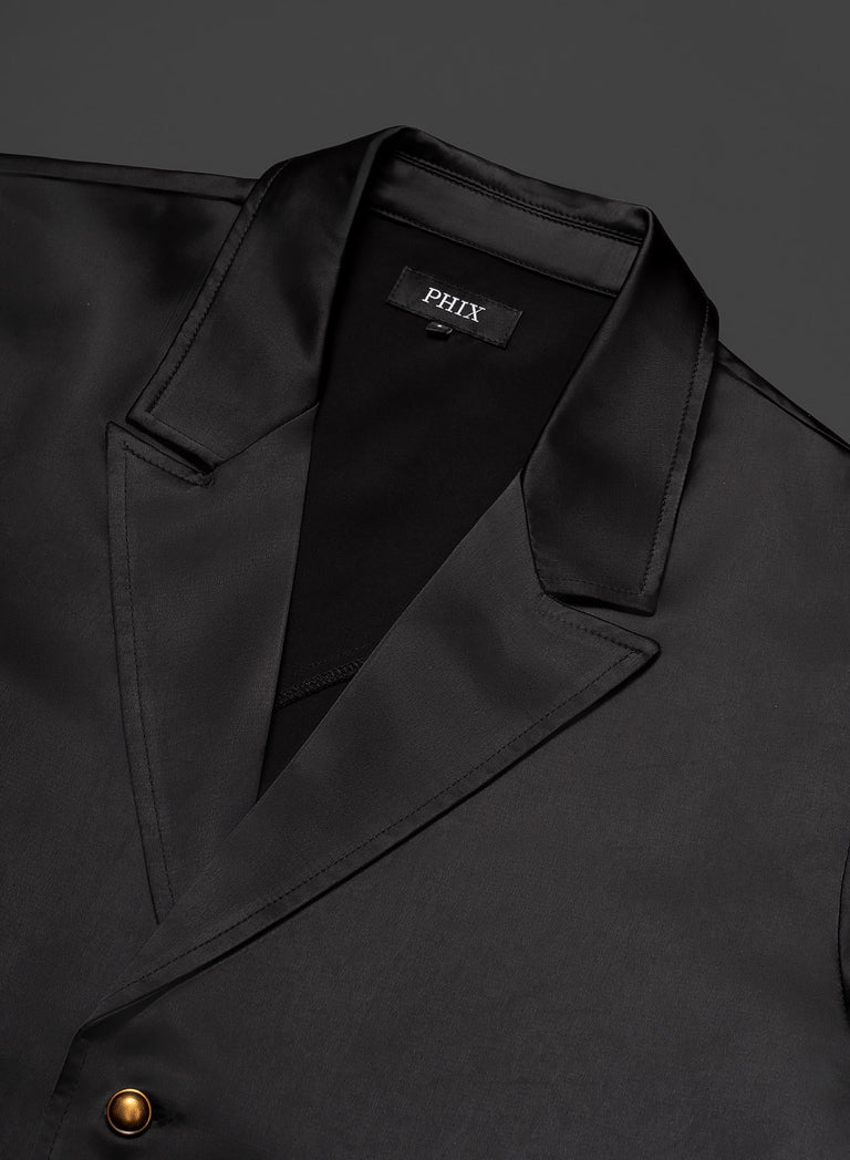 Black Single Breasted Gold Button Satin Shirt