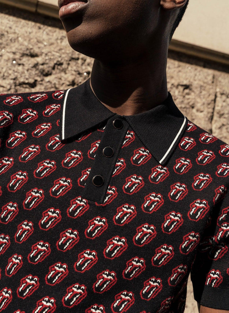 Phix X Rolling Stones Black Knitted Tongue Pattern Polo