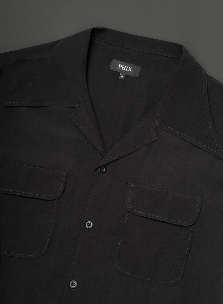 Black Exaggerated Cuban Collar Viscose Shirt