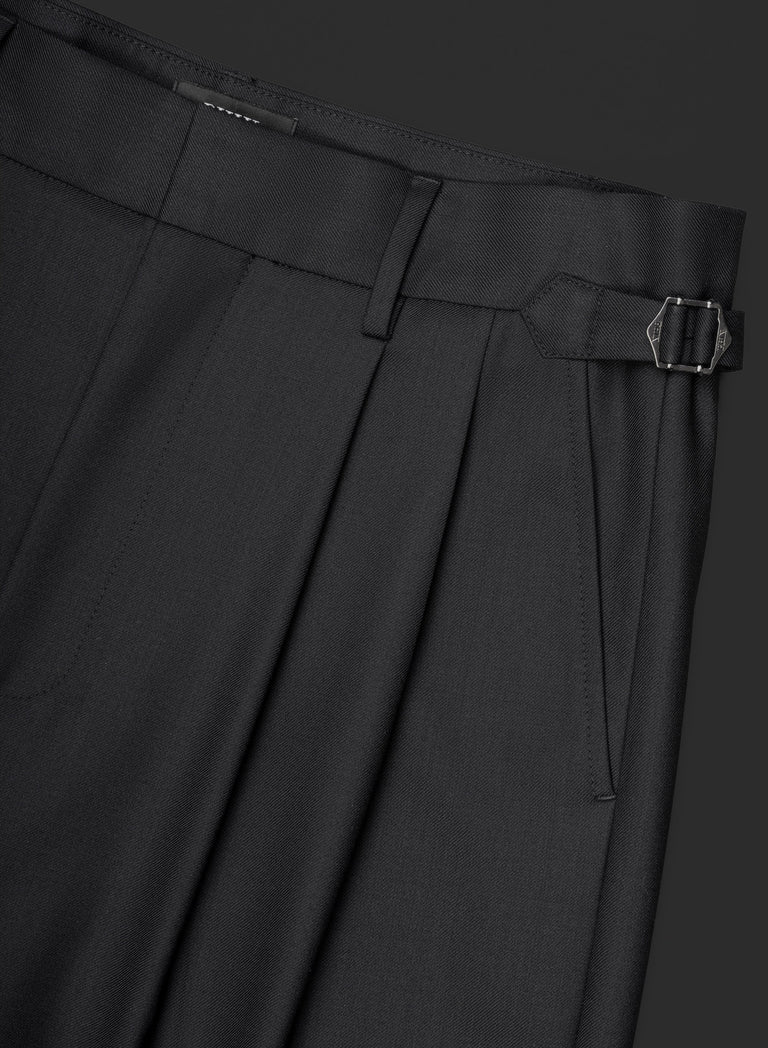 Black Wool Tapered Turn-Up Barrel Trousers