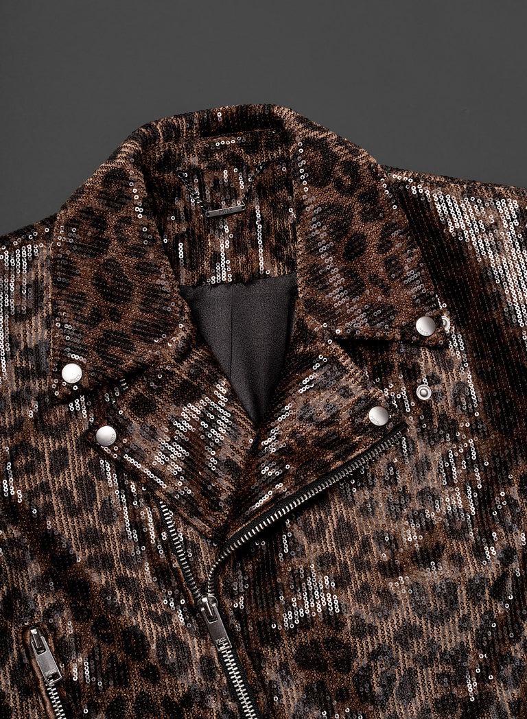 Brown Leopard Print Sequin Biker Jacket