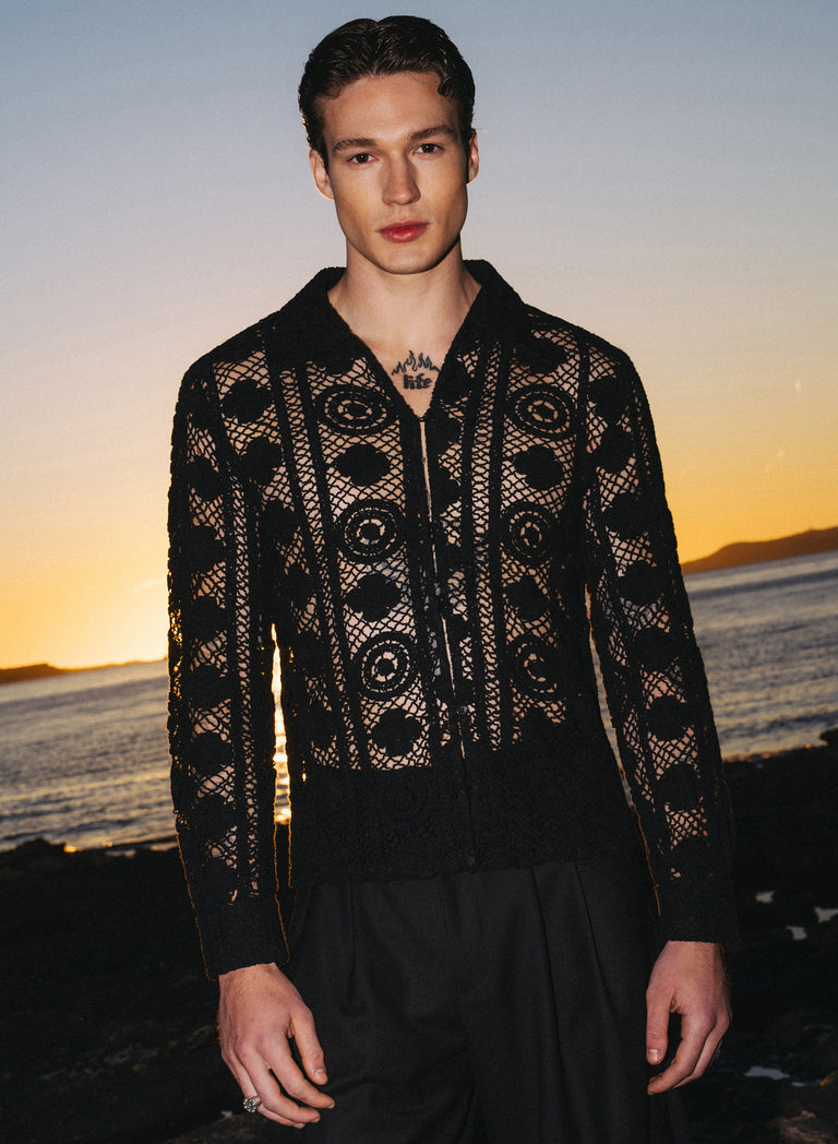 Black Long Sleeve Circular Crochet Shirt