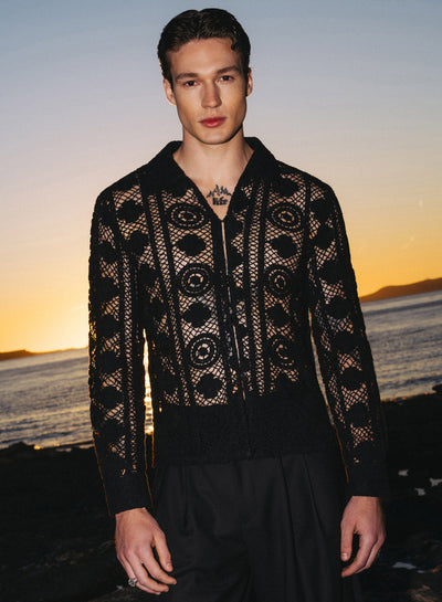 Black Long Sleeve Circular Crochet Shirt