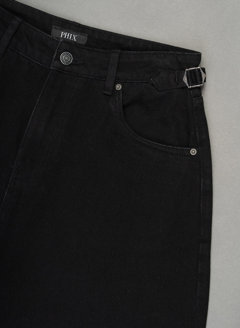 Black High Waisted Side Buckle Barrel Leg Jeans