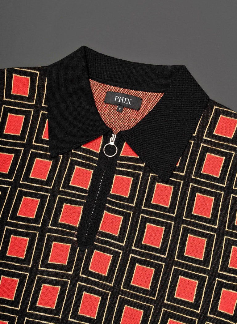 70s Burnt Orange Geometric Square Zip Knitted Polo