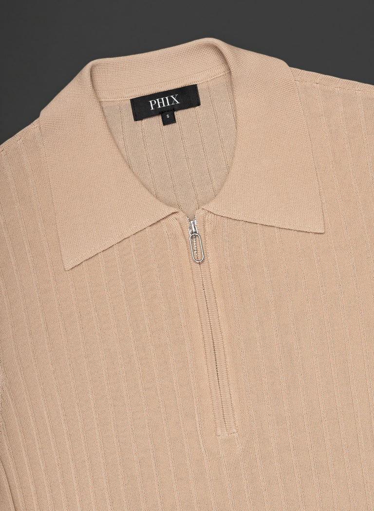 Riviera Silk Blend Tan Ribbed Zip Polo