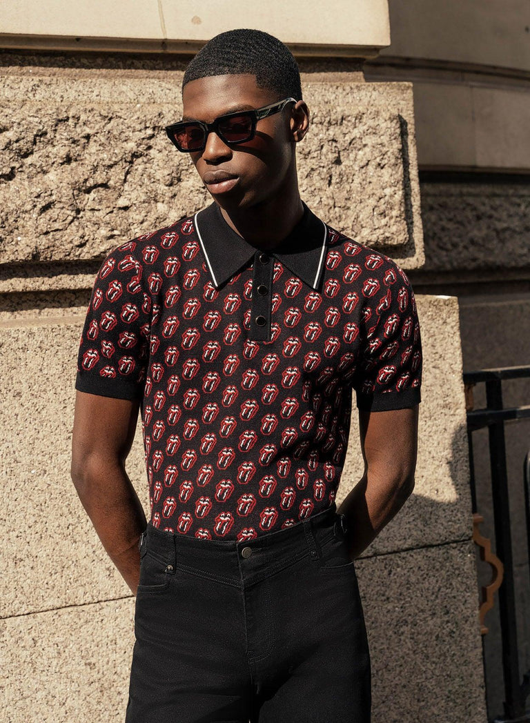 Phix X Rolling Stones Black Knitted Tongue Pattern Polo