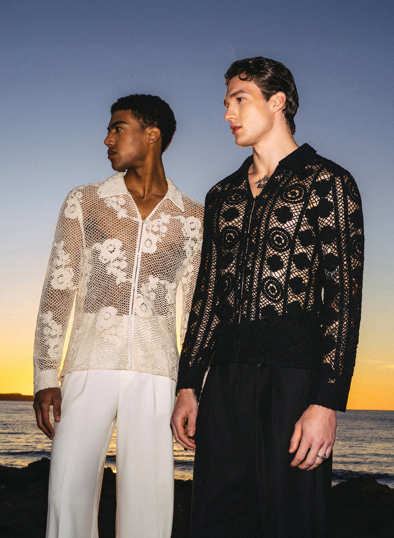 Black Long Sleeve Circular Crochet Shirt