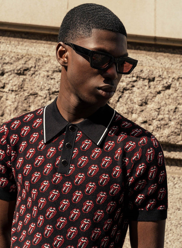 Phix X Rolling Stones Black Knitted Tongue Pattern Polo