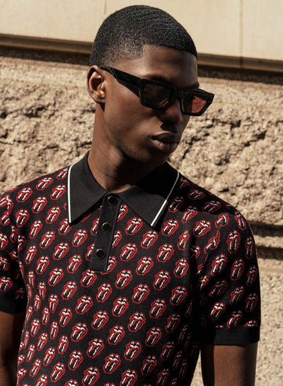 Phix X Rolling Stones Black Knitted Tongue Pattern Polo