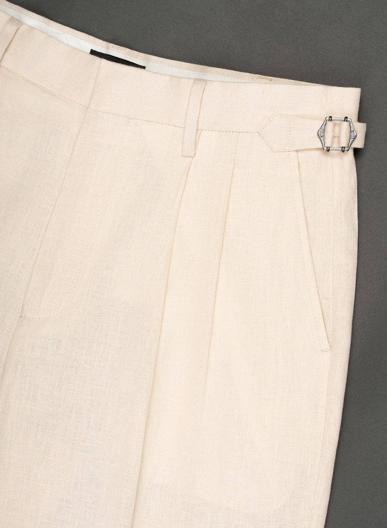 Ivory Linen High Waisted Side Buckle Trousers