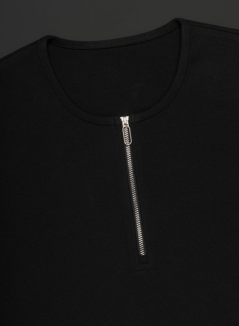 Black Long Sleeve Ribbed Zip Henley Shirt