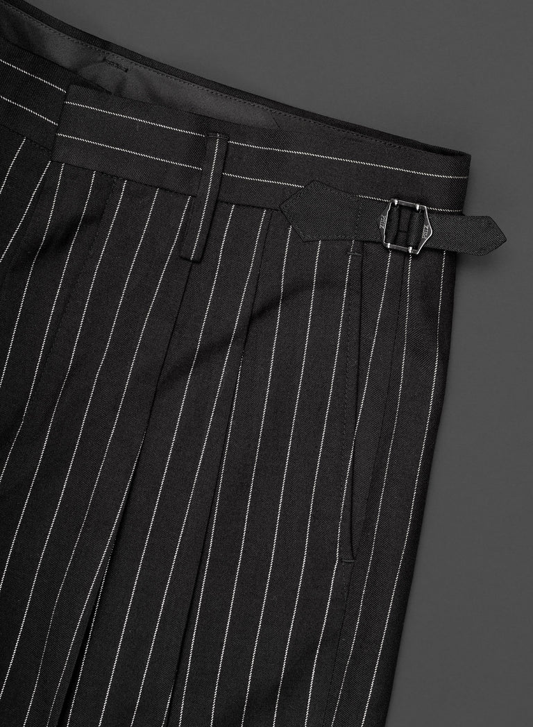 Black High Waisted Silver Pinstripe Side Buckle Flare Trousers