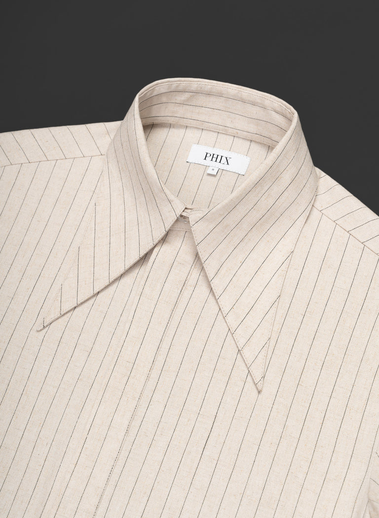 Beige Pure Linen Pinstripe Dagger Collar Shirt