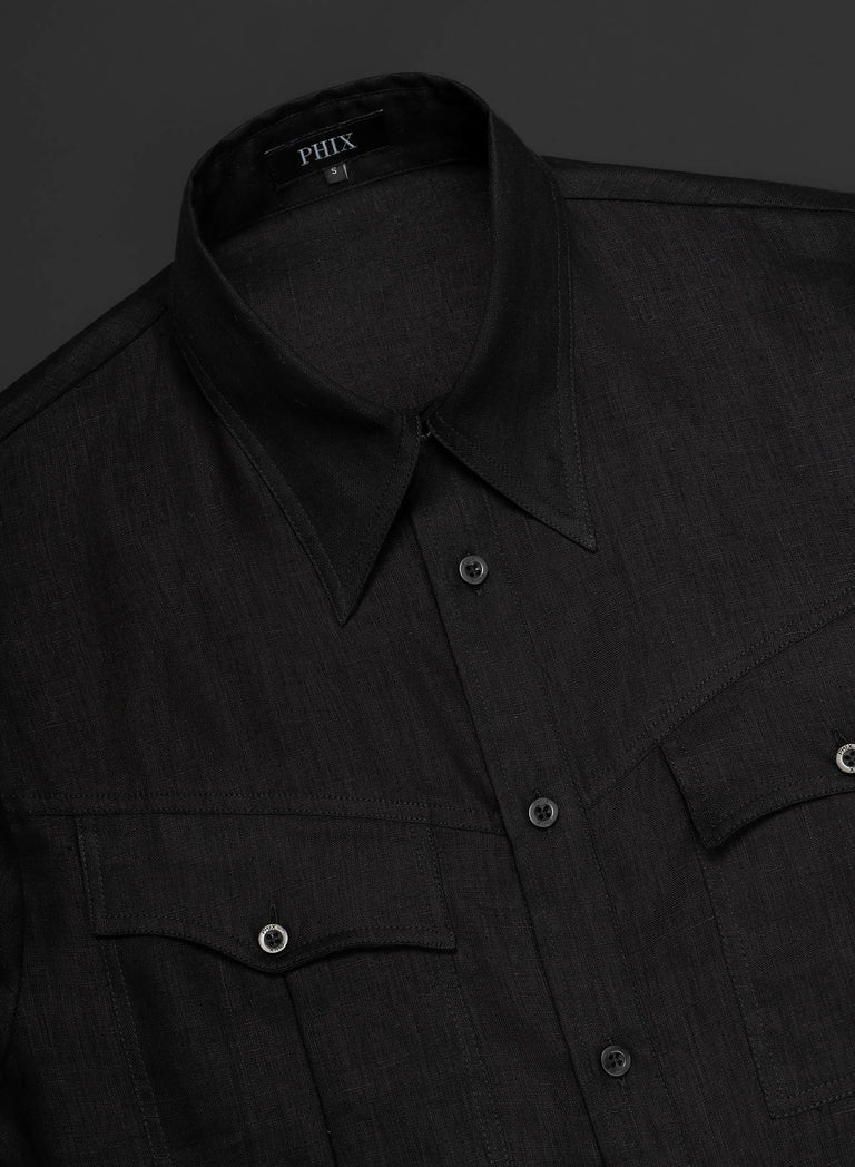 Black Pure Linen Western Pocket Shirt