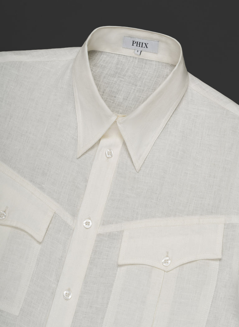 White Pure Linen Western Pocket Shirt