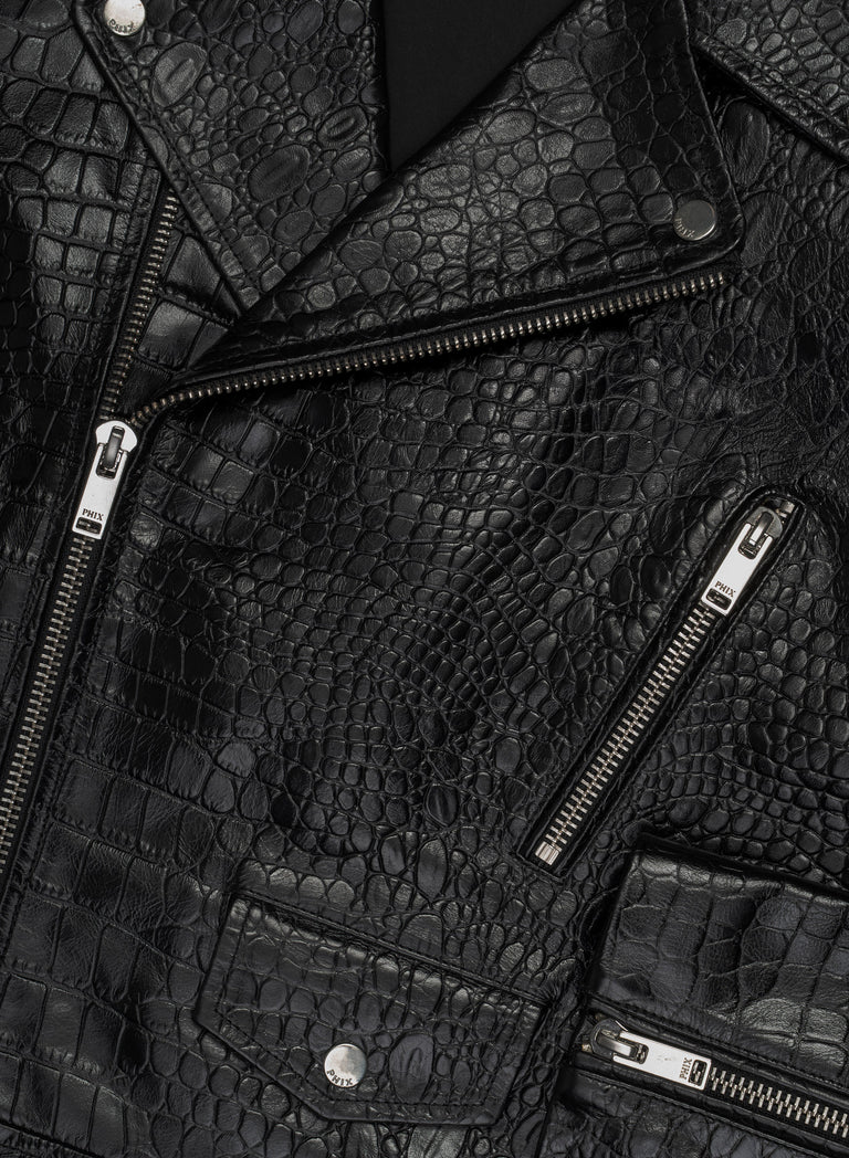 Black Cropped Croc Effect Leather Biker Jacket