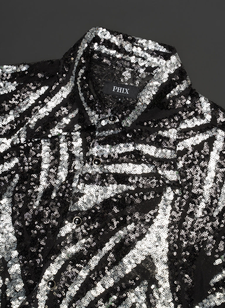 Black and Silver Zebra Sequin Embellished Shirt