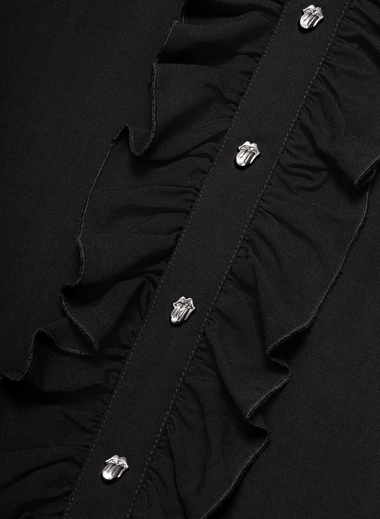 Phix X Rolling Stones Metal Tongue Button Black Ruffle Viscose Shirt