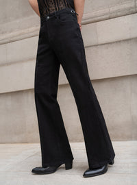Black High Waisted Denim Flare Side Buckle Jean