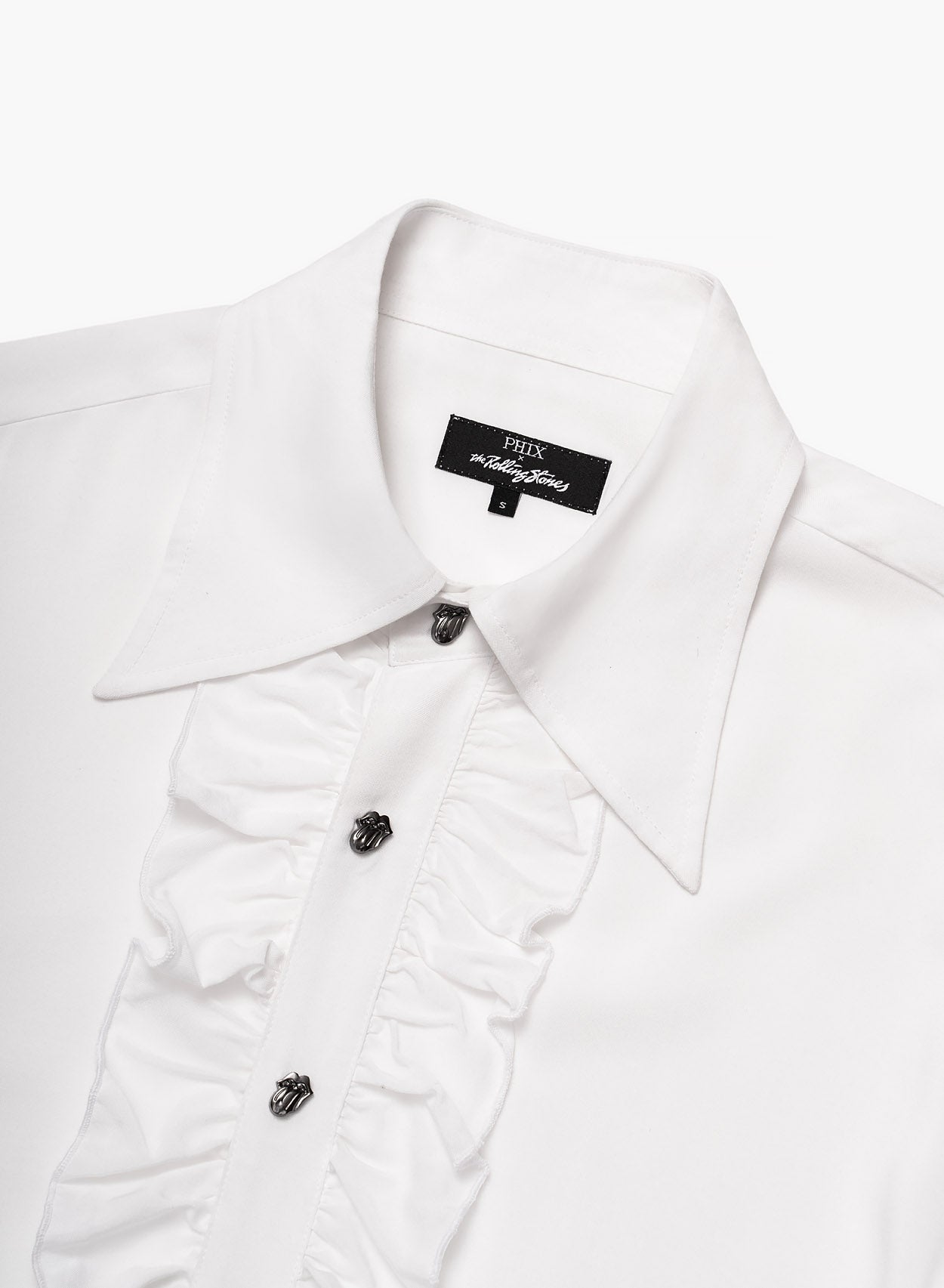 Men's Phix X Rolling Stones Metal Tongue Button White Ruffle Viscose Shirt In Size Small Men's Phix X Rolling Stones Metal Tongue Button White Ruffle Viscose Shirt In Size Small