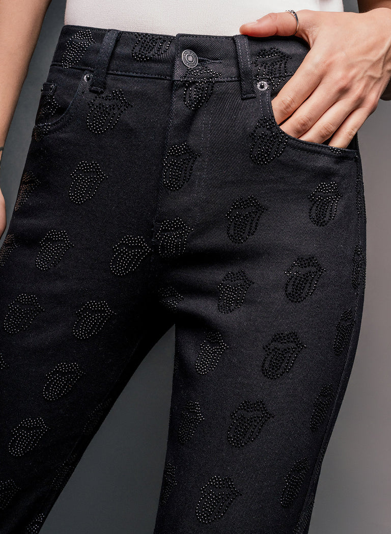 Phix X Rolling Stones Denim Rhinestone Tongue Denim Flares
