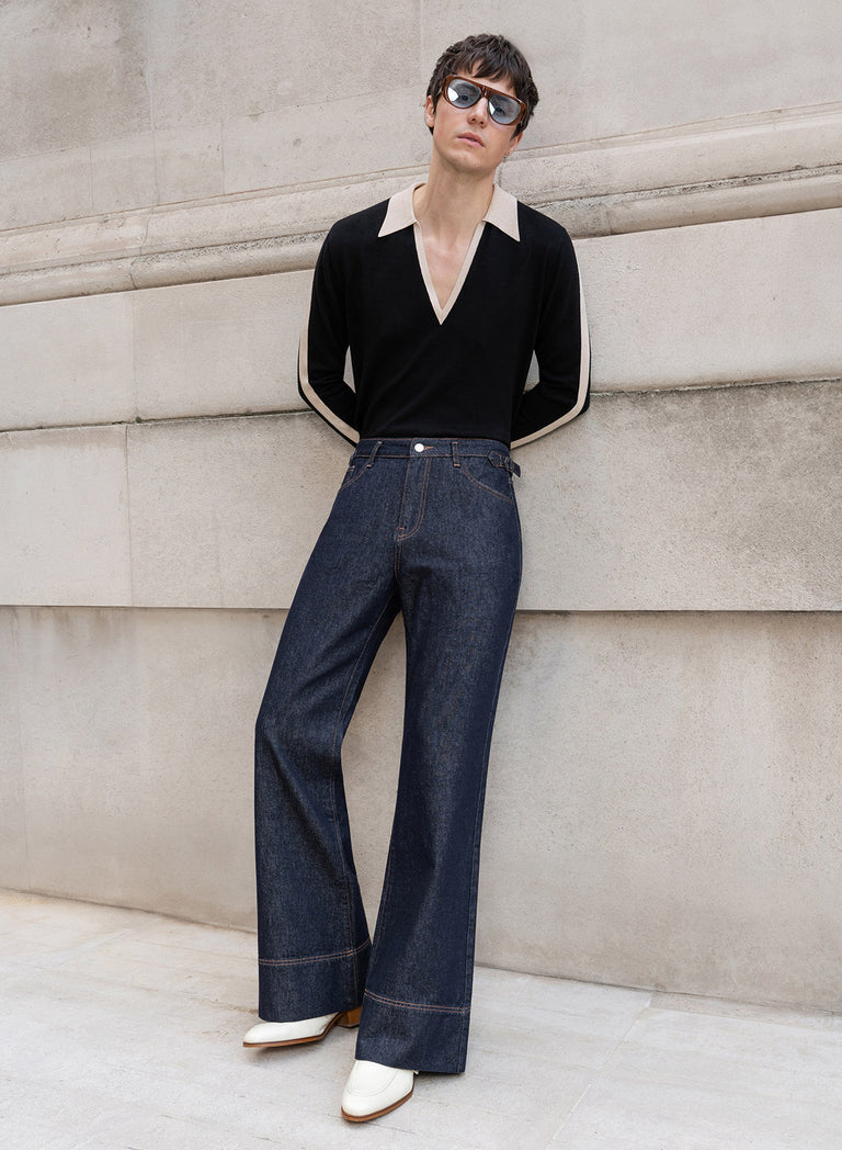 Raw Denim Indigo High Waisted Buckle Flare Jean