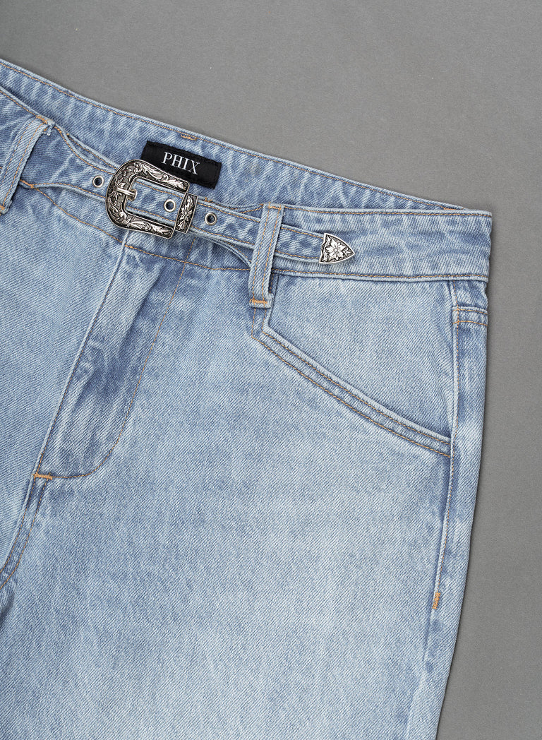 Blue Washed Denim Western Belt Wide Leg Flare Jeans