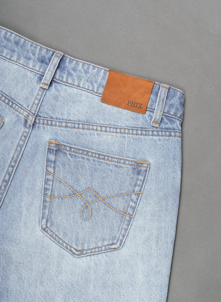 Blue Washed Denim Western Belt Wide Leg Flare Jeans