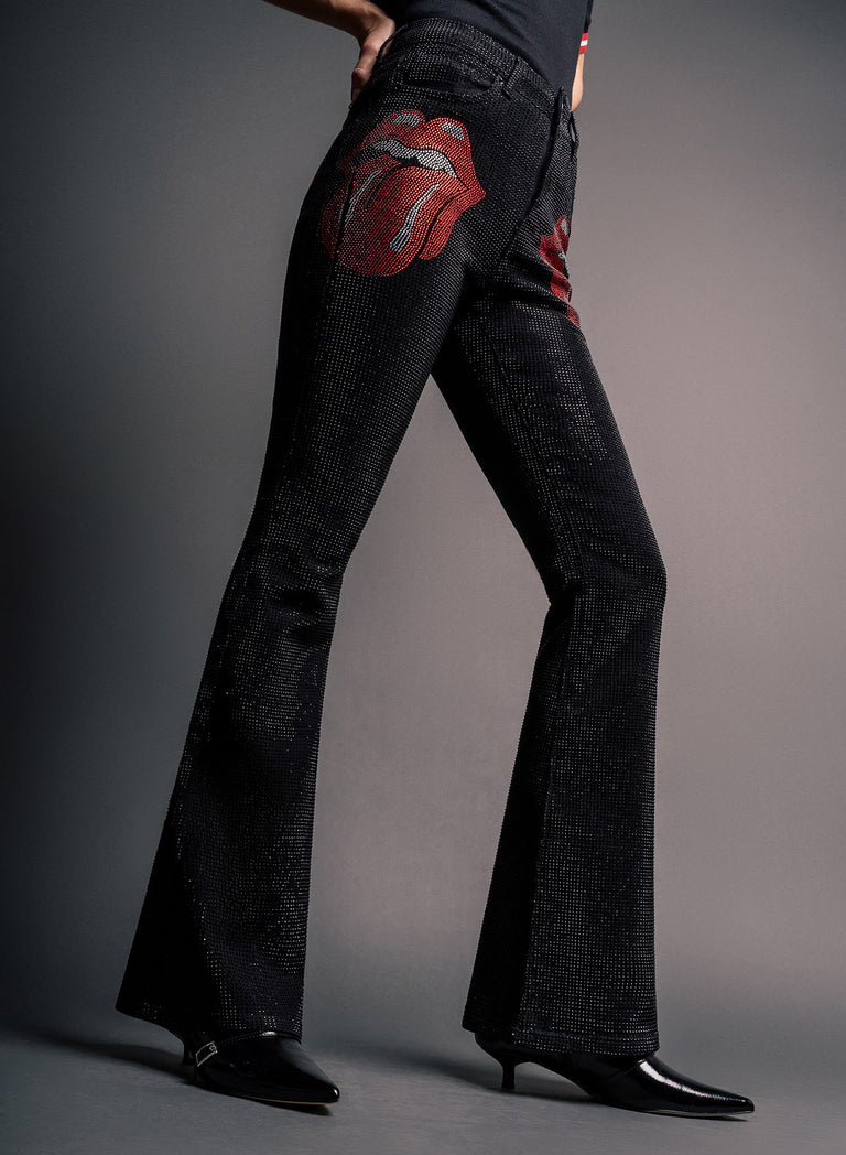 Phix X Rolling Stones Denim Rhinestone Red Tongue Denim Flares