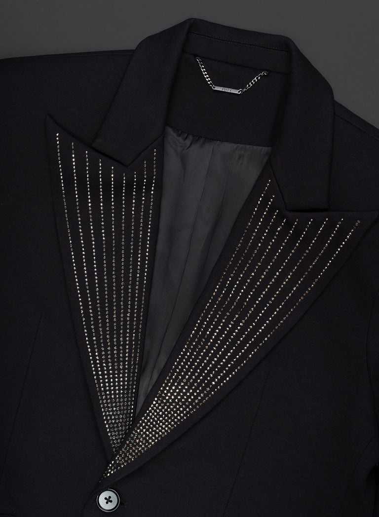 Black Rhinestone Embellished Lapel Blazer