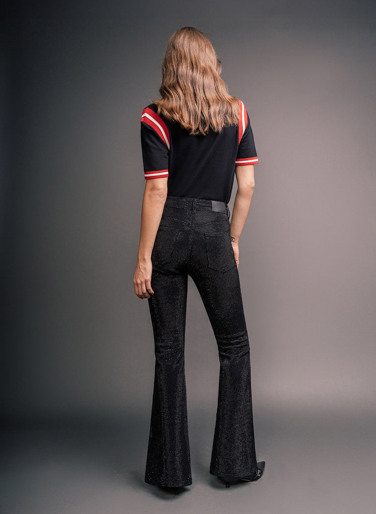 Phix X Rolling Stones Denim Rhinestone Red Tongue Denim Flares