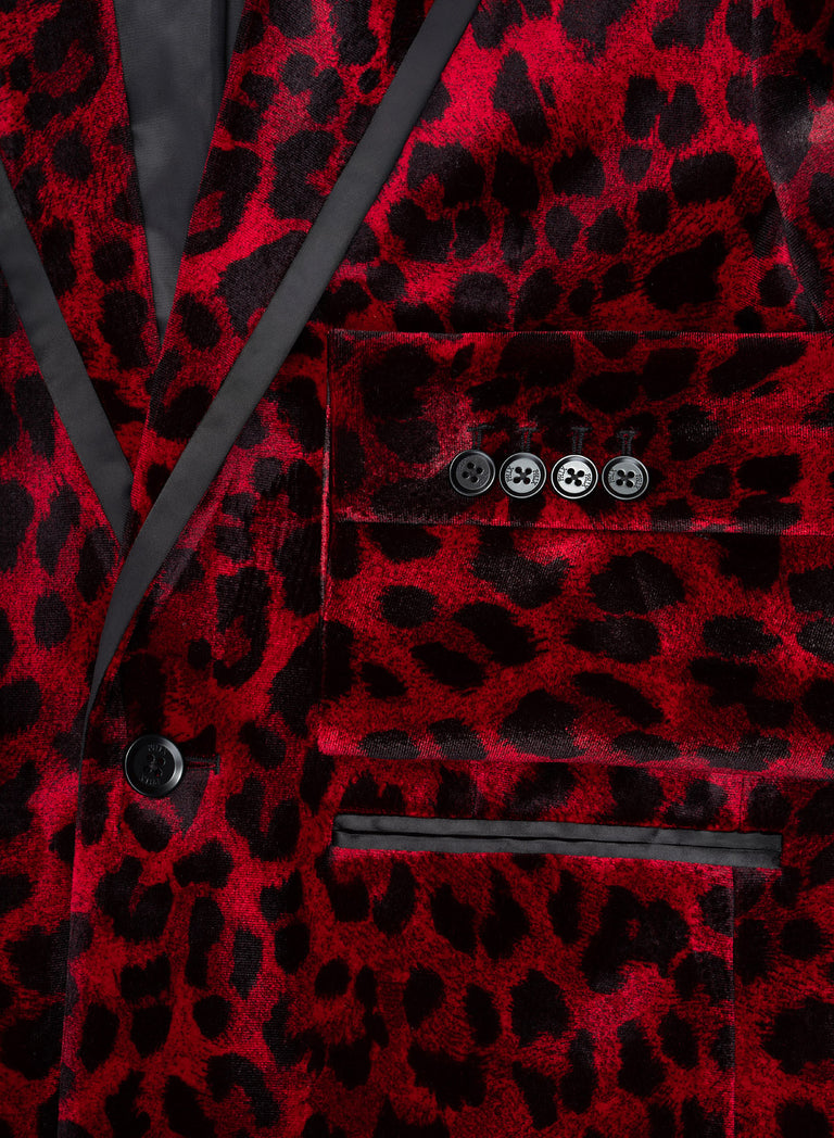 Red Velvet Leopard Print Blazer With Black Satin Lapel Trim