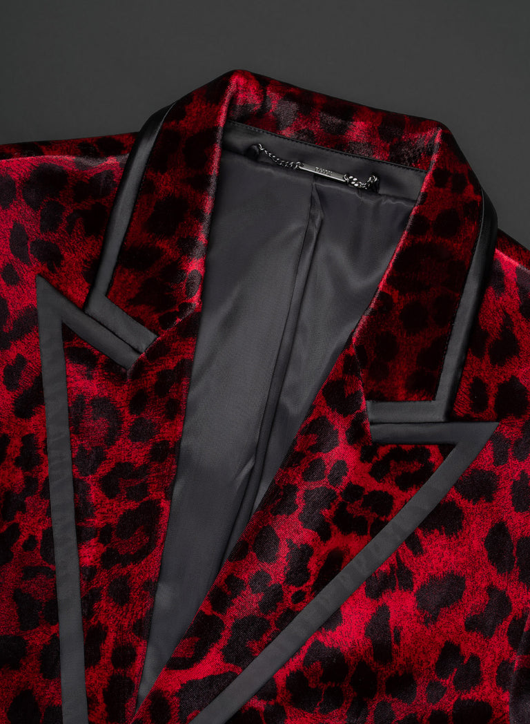 Red Velvet Leopard Print Blazer With Black Satin Lapel Trim