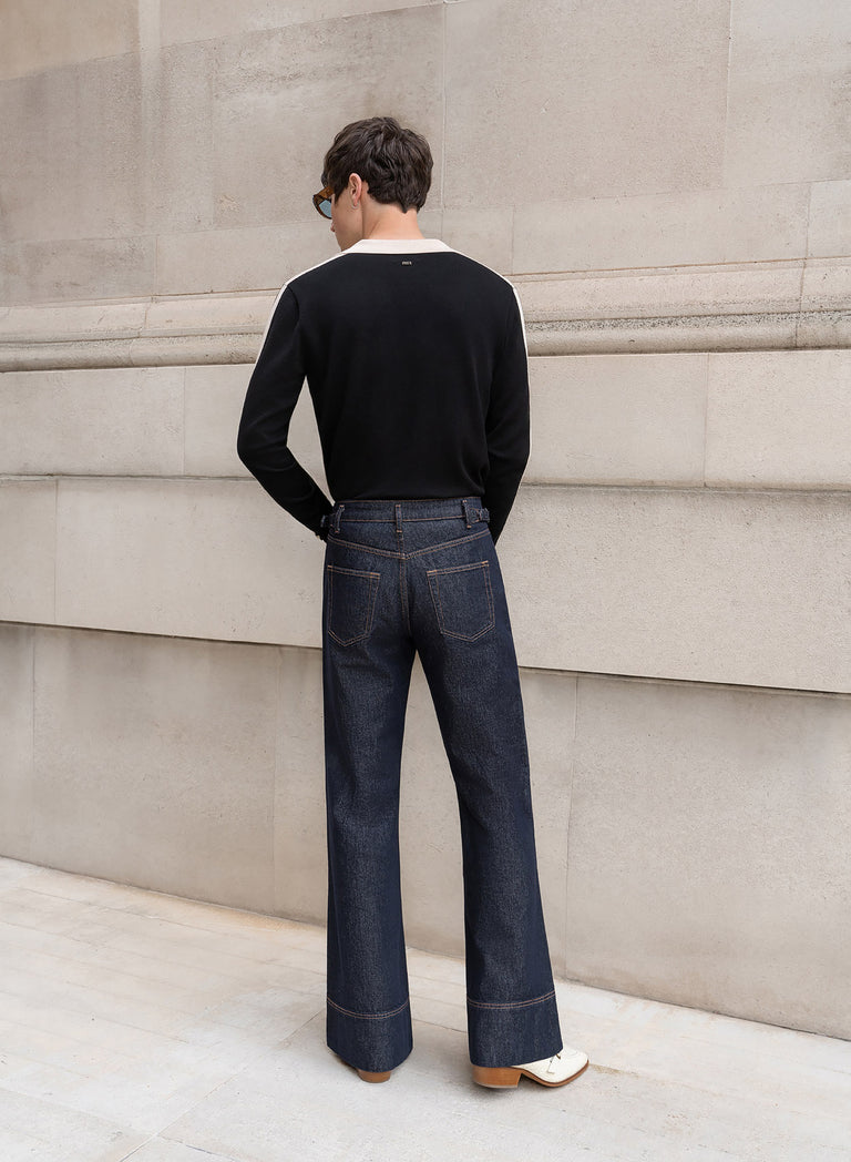 Raw Denim Indigo High Waisted Buckle Flare Jean