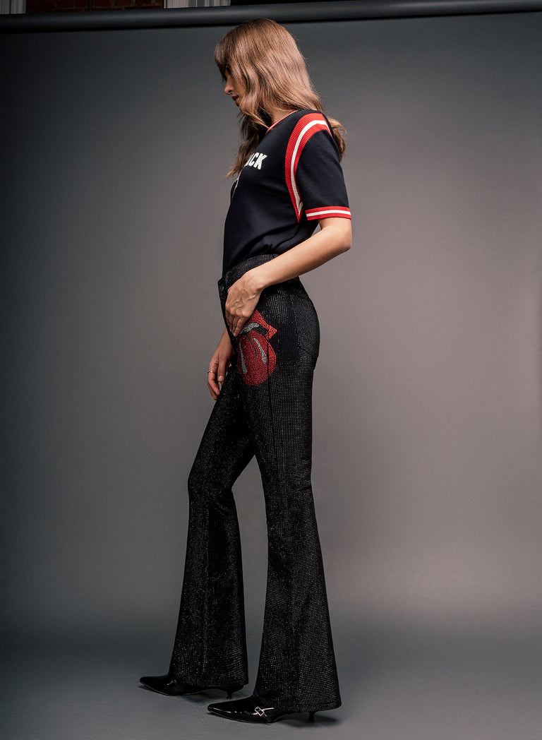 Phix X Rolling Stones Denim Rhinestone Red Tongue Denim Flares