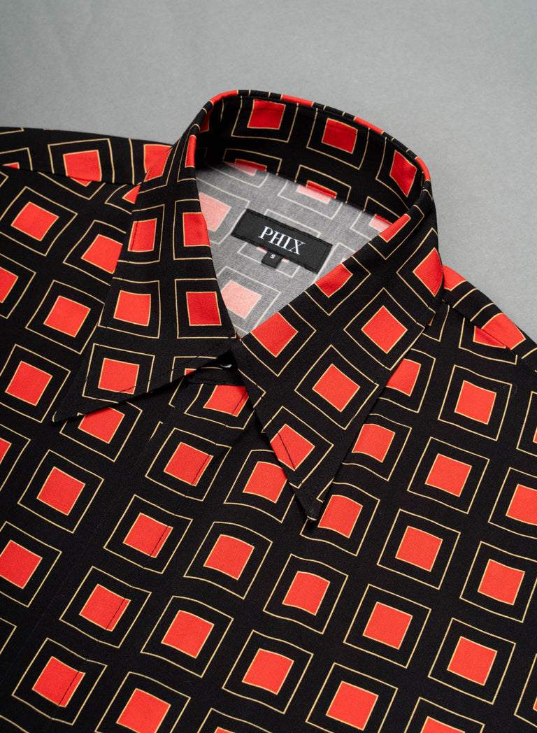 70s Burnt Orange Geometric Square Viscose Shirt